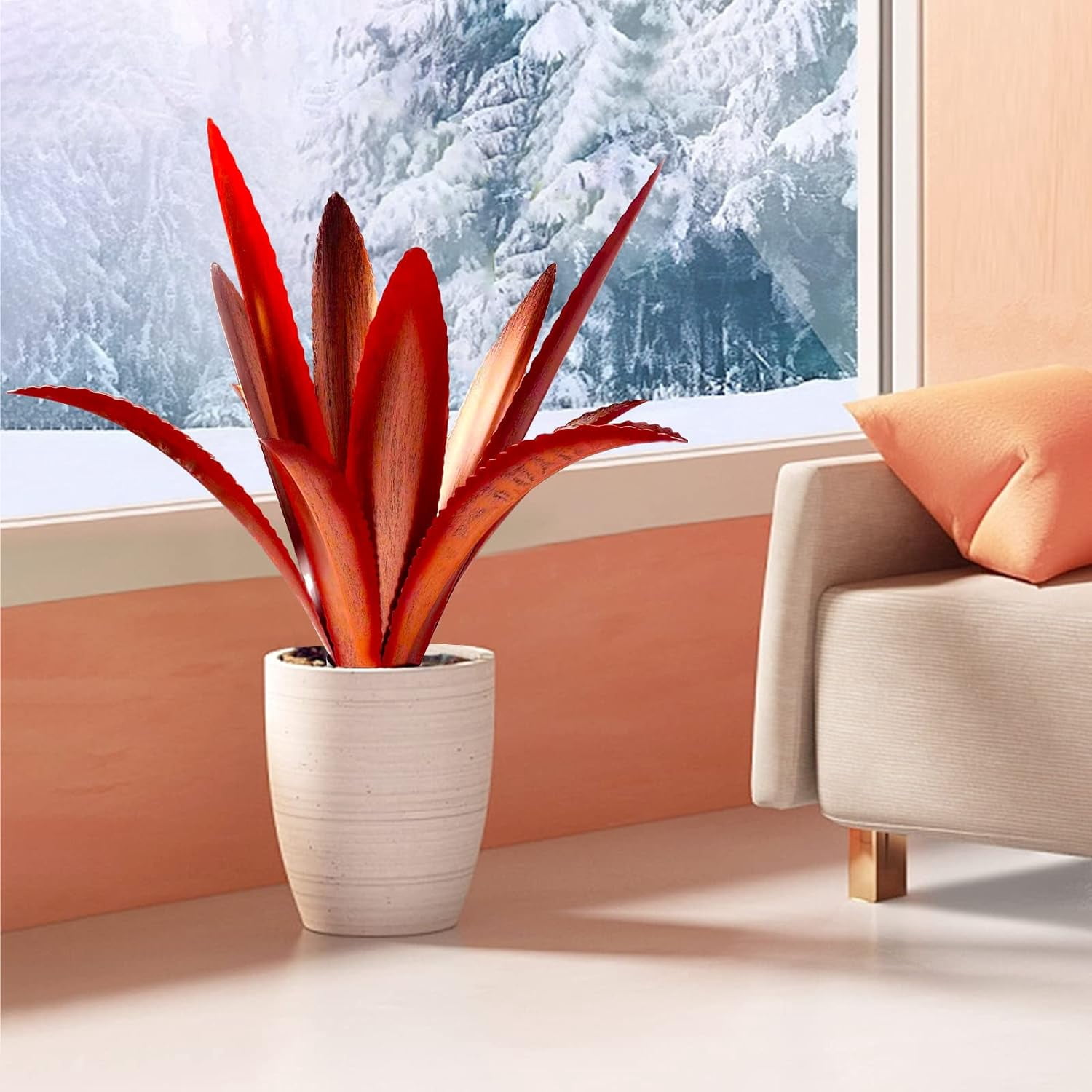 Enlarge Thickened Wind Resistant Metal Agave Garden Art Metal Plant Country Garden Sculpture Statue Outdoor Decoration Agave Metal Plant Courtyard Lawn Ornament Gift (2, 12 Leaves red)