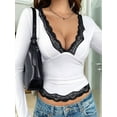 thumbnail image 2 of Women'S Y2K Trendy Long Sleeve Top Chic V-Neck Blouse with Elegant Lace Trim Comfortable Shirt for Any Occasion‌ White M, 2 of 8
