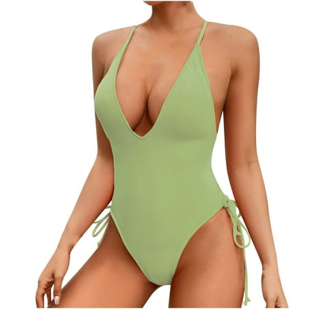 WCMZJ Women Plunging One Piece Swimsuit Backless Cross Tie High Cut Thong One-Piece Bathing Suit Green S