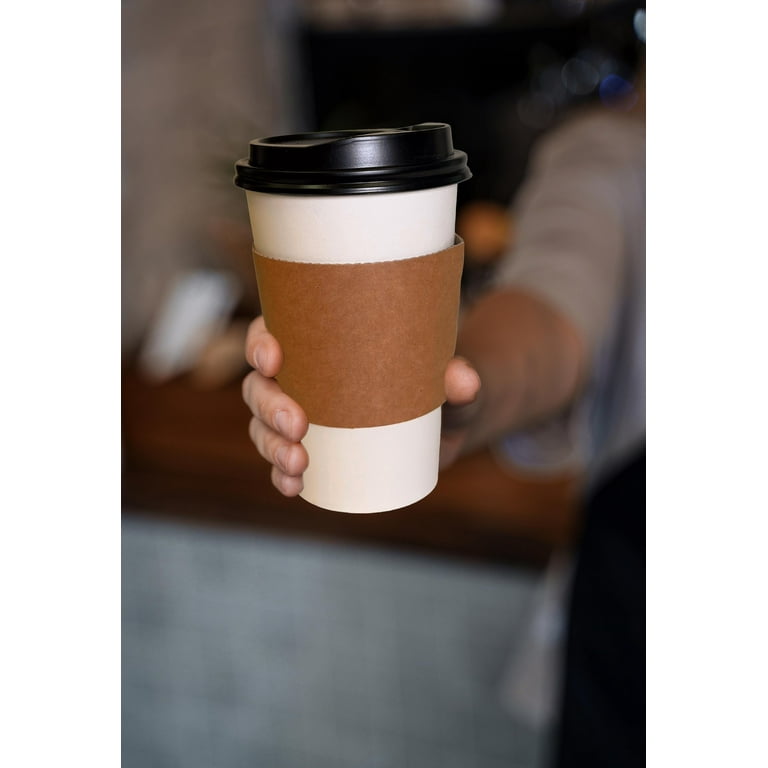 [300 Pack] 12oz Disposable White Paper Coffee Cups with Black Dome Lids and Protective Corrugated Cup Sleeves - Perfect Disposable Travel Mug for Home