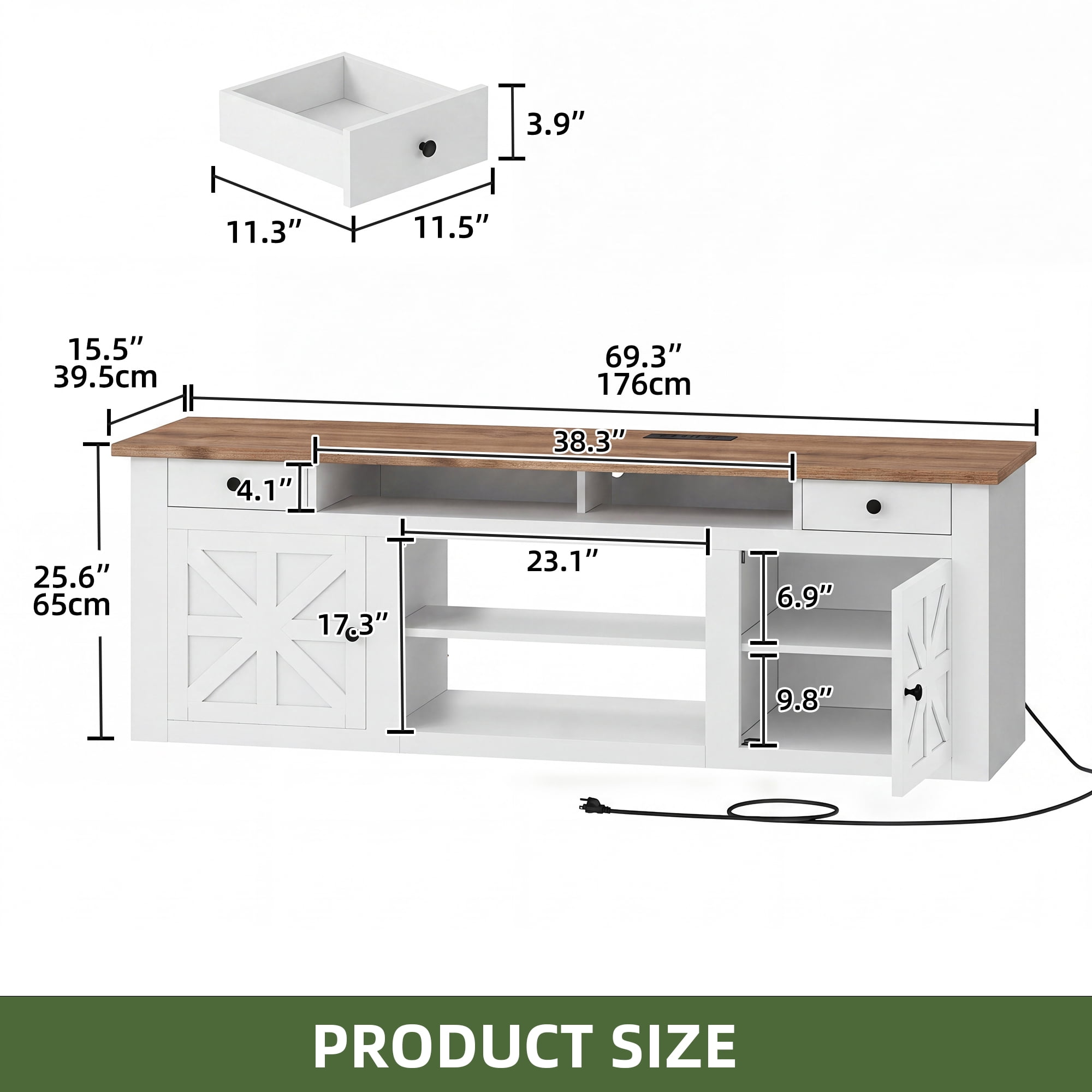 Uforic Farmhouse TV Stand for 75/80 Inch TV, Rustic Entertainment Center with Power Outlet, Storage Drawers, TV Console for Living Room, White