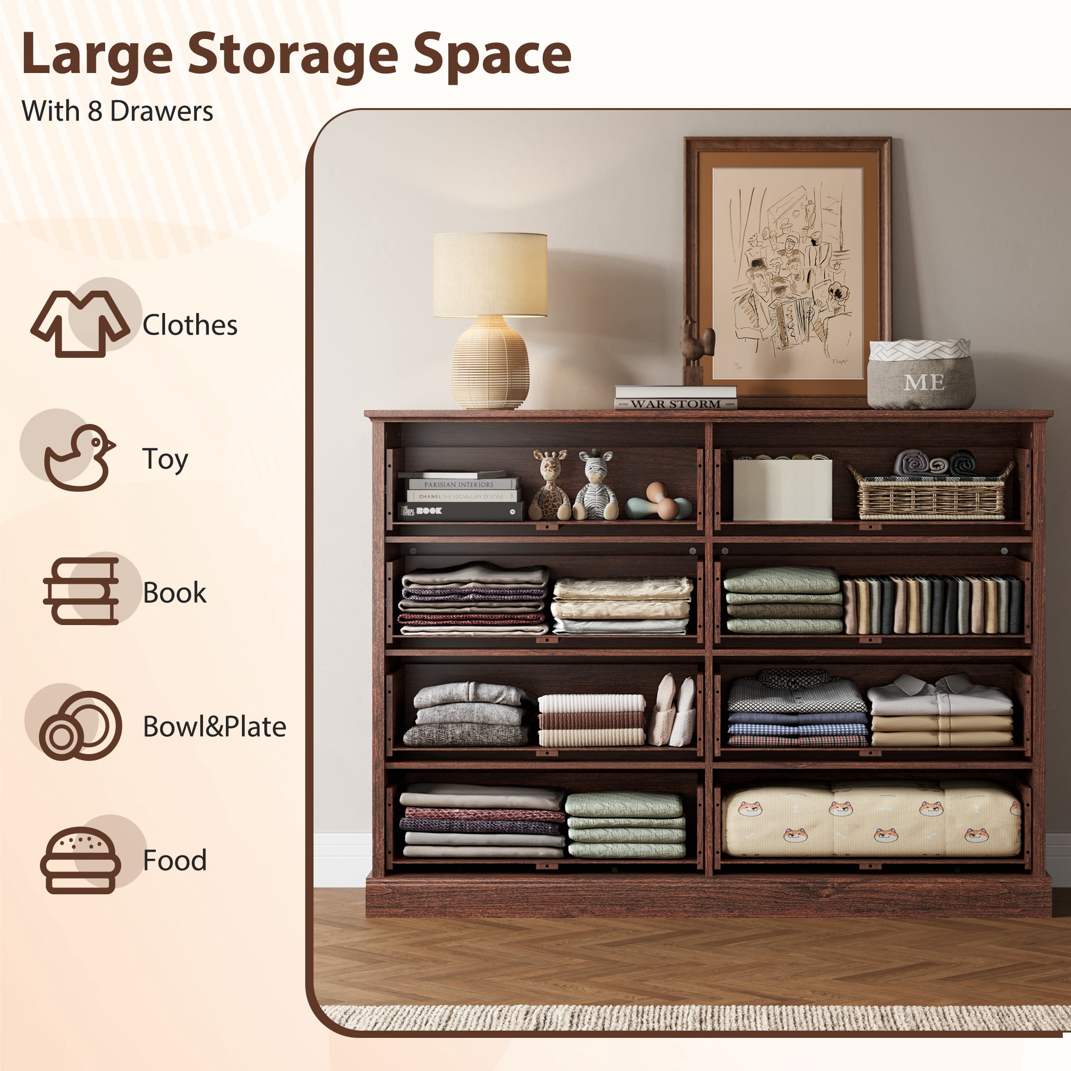 YouTrend Rustic 8-Drawer Wood Dresser, Large Storage Chest Organizer with Metal Handles for Bedroom, Living Room, Farmhouse Style Furniture,Brown