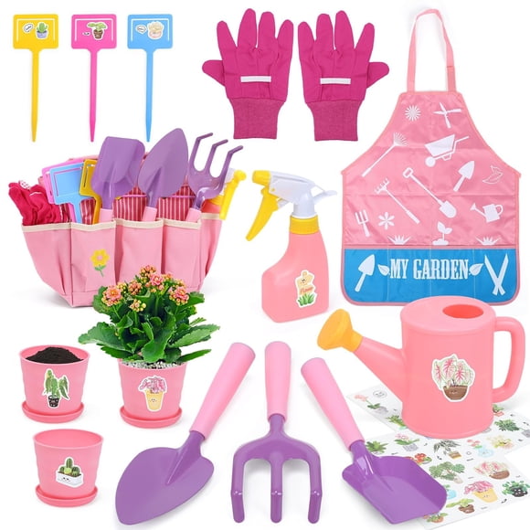 CUTE STONE Ensemble d'Outils de Jardinage pour Enfants Rose, Jouets de Jardin avec Pelle, Râteau, Truelle, Tablier avec Poches, Sac Fourre-Tout de Jardin, Arrosoir, Autocollants Bricolage,