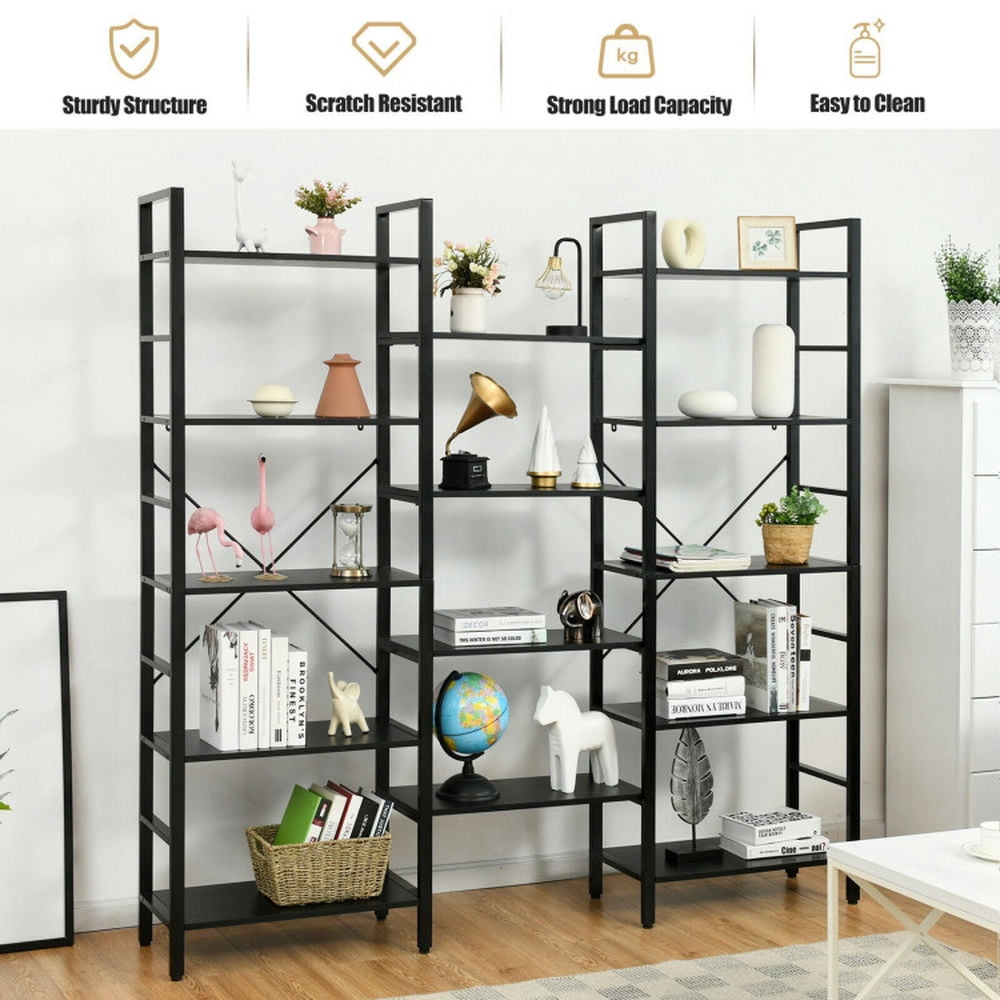 Demi Bonn 5-Tier Bookshelf, Vintage Triple Wide Large Bookcase Display Storage Shelf, Display Rack for Plants and Books, Black