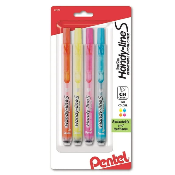 Pentel® Handy-Line S™ 54% Recycled Retractable Highlighters, Chisel Point, Assorted, Pack Of 4