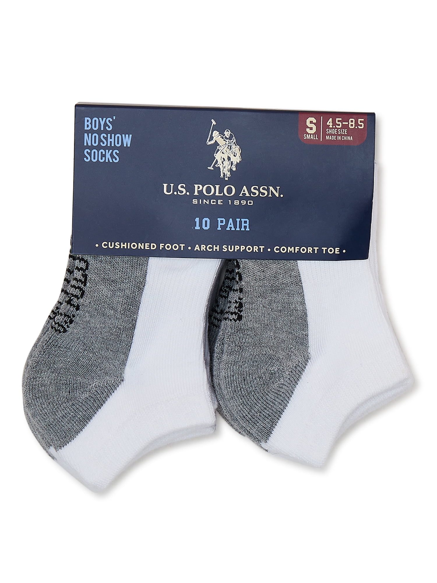 U.S. Polo Assn. Boys No Show Socks, 10-Pack, Sizes S-L