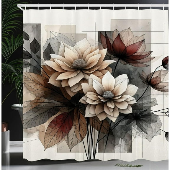 Watercolor Flower Home Decor Shower Curtain, Abstract Herbs Weeds Blossoms Ivy Back with Florets Shrubs Design, Fabric Bathroom Decor Set with Hooks