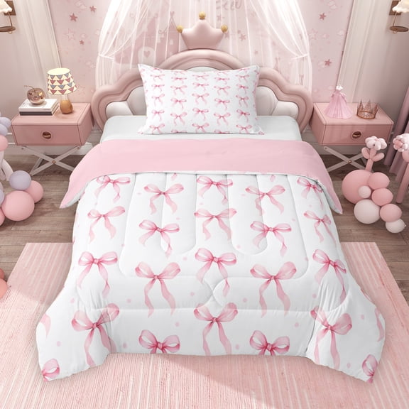 Erosebridal Girls Bowknot Twin Comforter Sets, Pink Polka Dots Bow Bedding Set, Pink Reversible, 1 Comforter and 1 Pillowcase