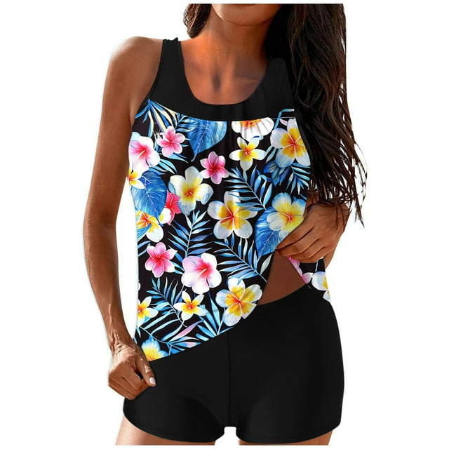 Dvprdro Tankini Swimsuits for Women Fashion Floral Printed Swim Tank Tops with Shorts Modest Bathing Suit