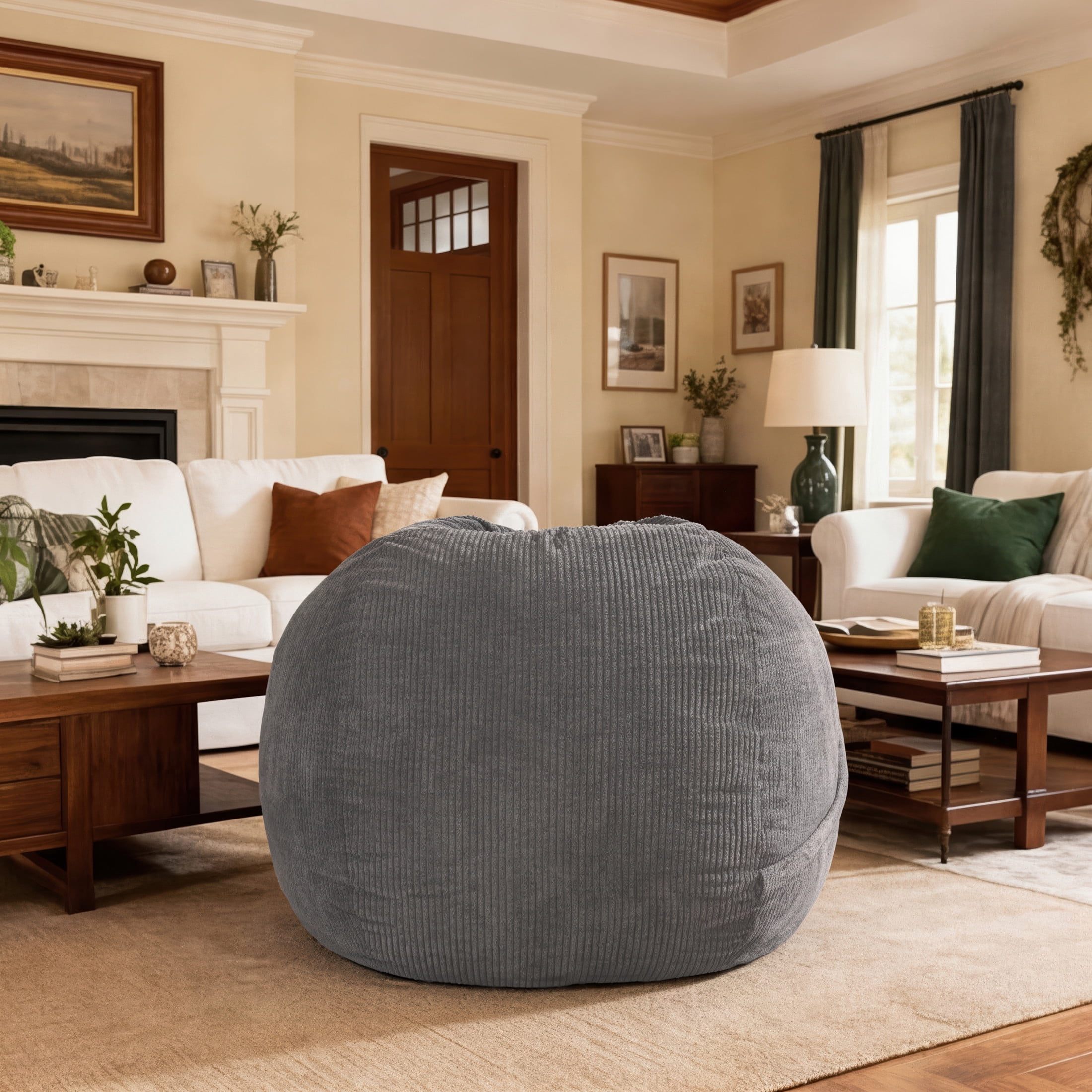Luna 5 Foot X-Large Bean Bag Chair – Oversized Foam Lounger for Adults & Kids, Plush Corded Faux Fur, Grey