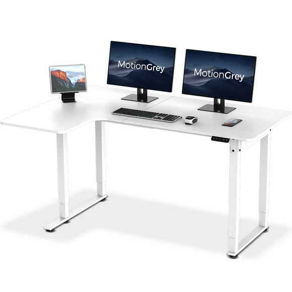 MotionGrey - Ergo2 Pro Adjustable Left L-Shaped Electric Standing Desk with Memory Settings - 63"x43" White Top White Frame - Ergonomic Desk for Home and Office
