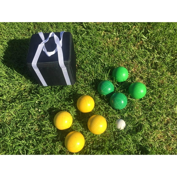 New Listing - (3 of 28) Unique Bocce Sets - 107mm with Green and Yellow Balls, Black Bag