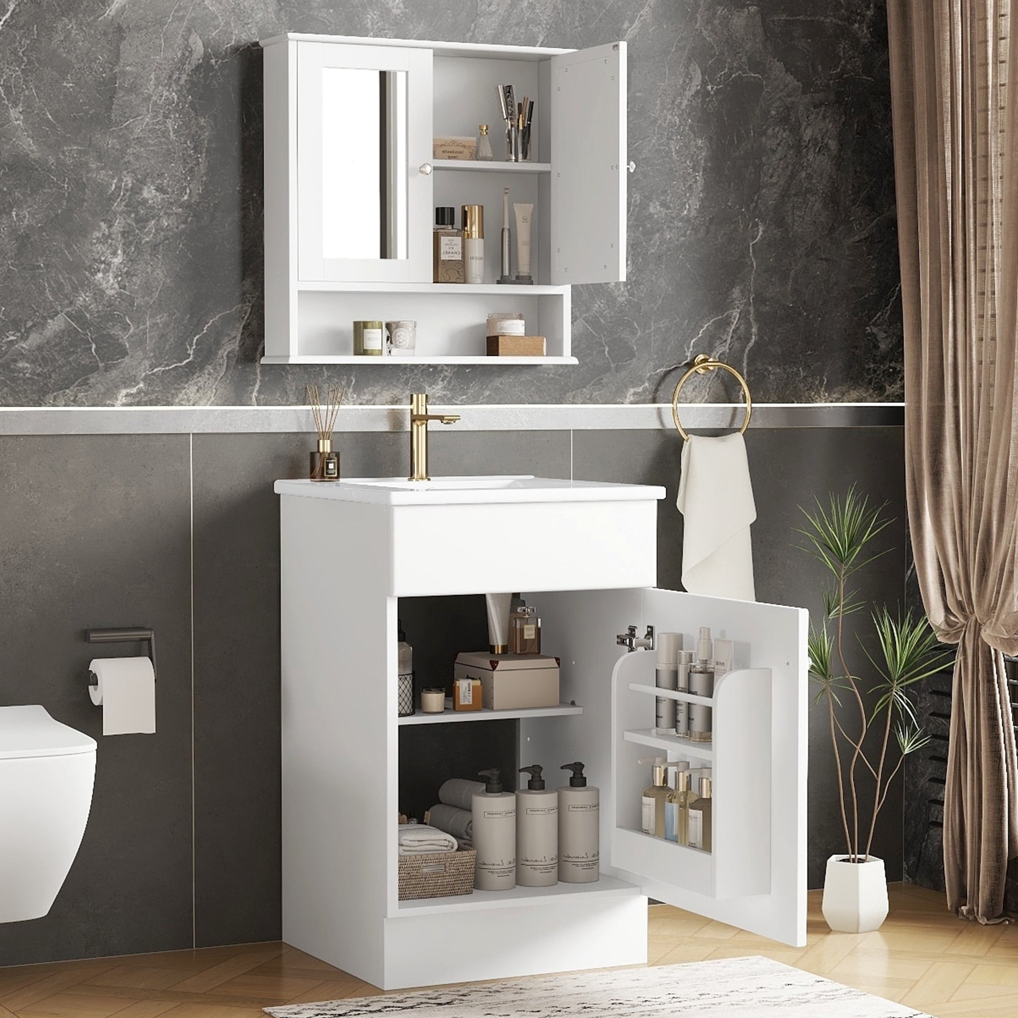 Euroco 20" Bathroom Vanity with Matching Mirror Medicine Cabinet – Space-Saving Storage Cabinet & Ceramic Sink Combo