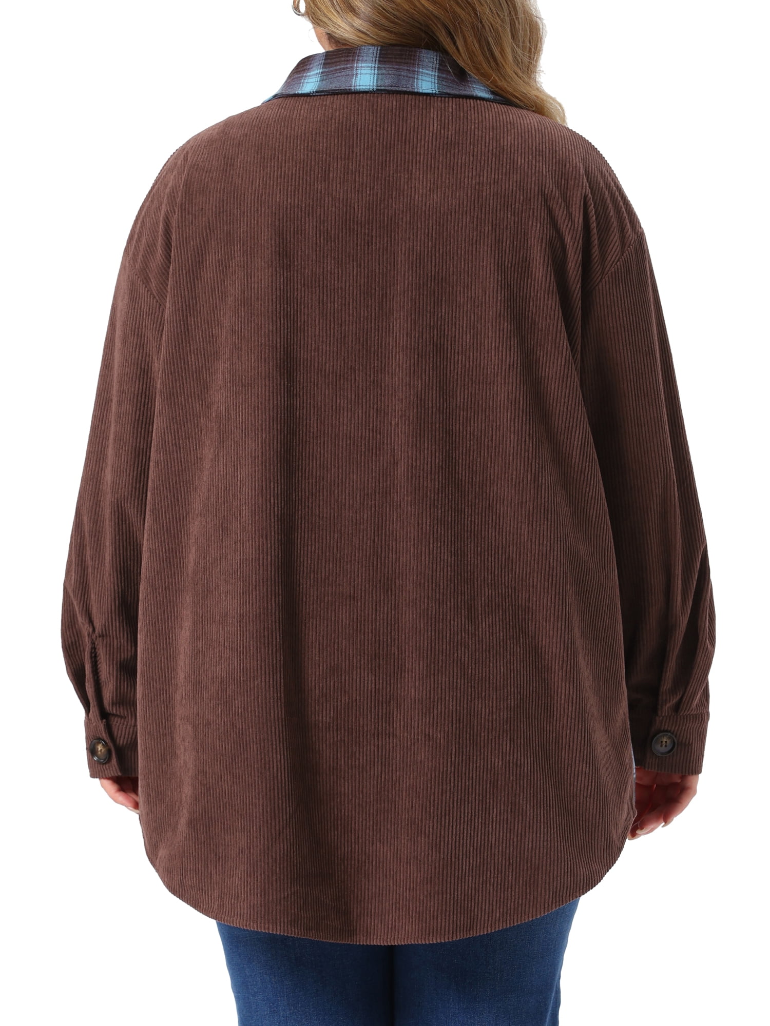 DARING DIVA Women's Plus Corduroy Plaid Long Sleeve Shacket 2X Brown