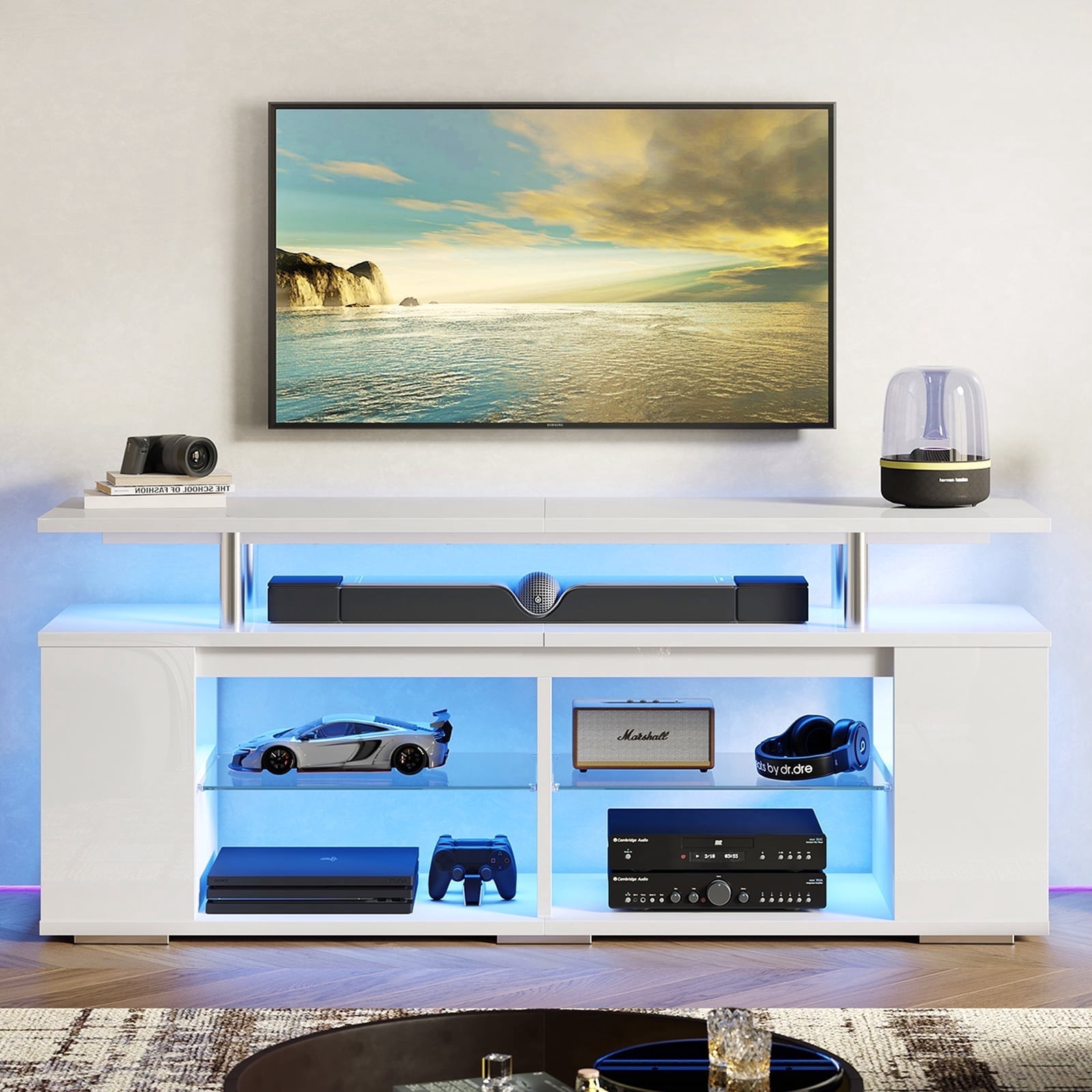 Pinmoco LED TV Stand for TVs up to 70", High Gloss Large Gaming Entertainment Center with Adjustable Shelf PS5 Storage TV Cabinet for Living Room, Bedroom, Game Room, White