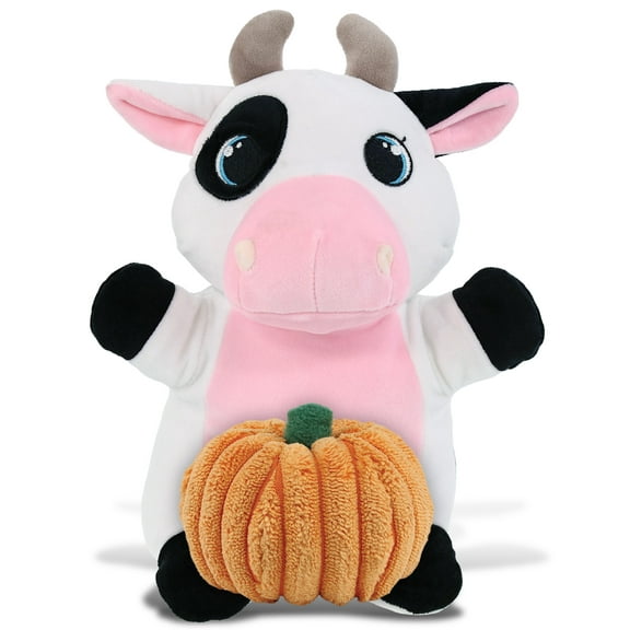 DolliBu Snug-Mooshies Standing Cow Stuffed Animal with Pumpkin Decor - Pumpkin Plush Animal for Fall, Halloween and Thanksgiving, Pumpkin Toy for Baby, Kids, Adults - 10 Inches