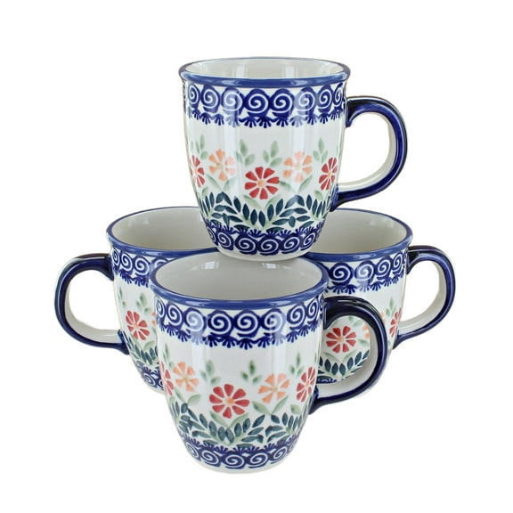 Blue Rose Polish Pottery Garden Bouquet 4 Piece Mug Set