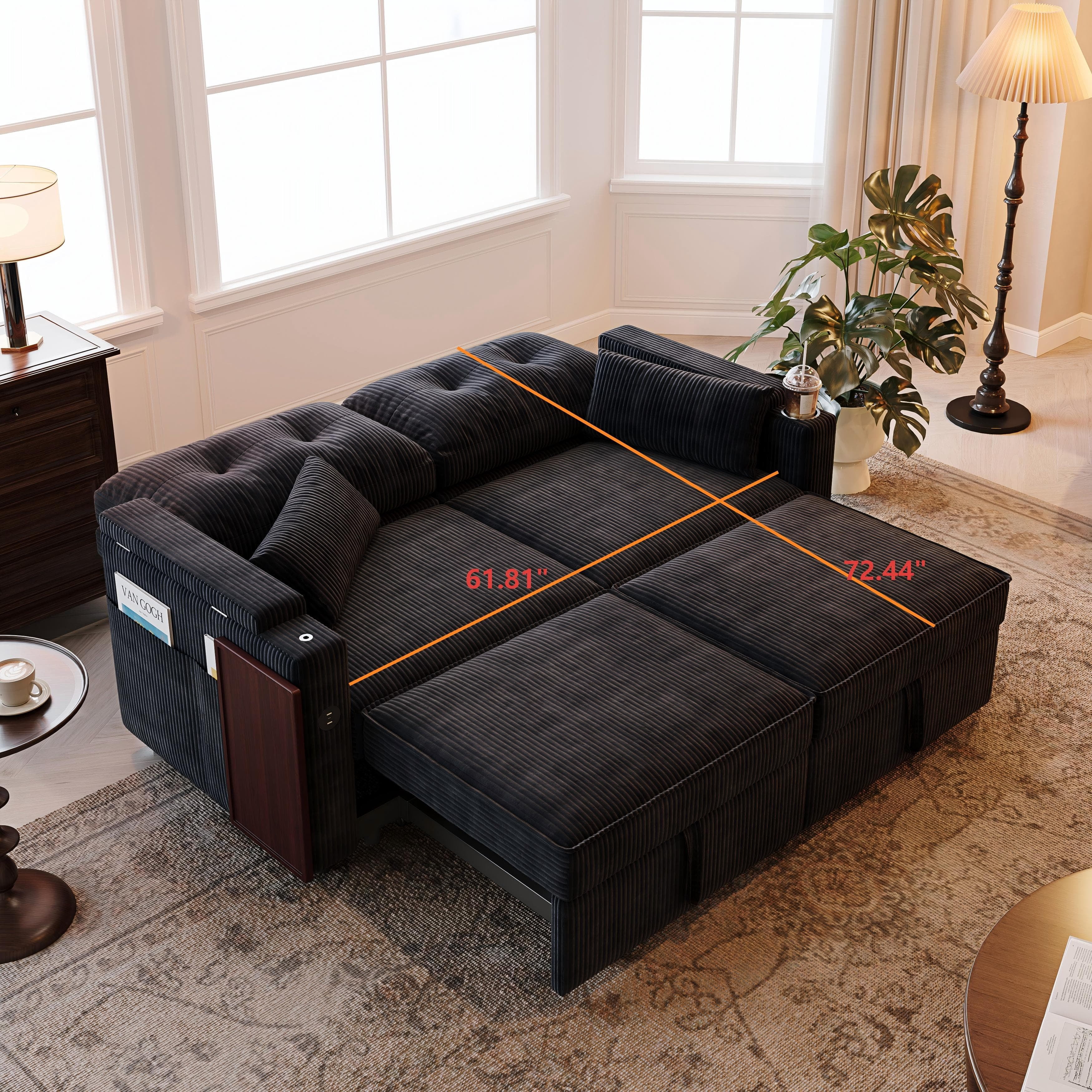 Aukfa 73" 3-in-1 Convertible Sleeper Sofa Bed, Corduroy Pull-Out Couch with 360° Swivel Side Table, USB Ports & Storage Armrests, Oversized Queen, Black