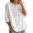 thumbnail image 3 of Women's Embroidered Blouses Summer Round Neck Embroidered Top 3/4 Sleeve Casual Boho Loose Lightweight Daily Shirts by Yigetop White 3XL, 3 of 7
