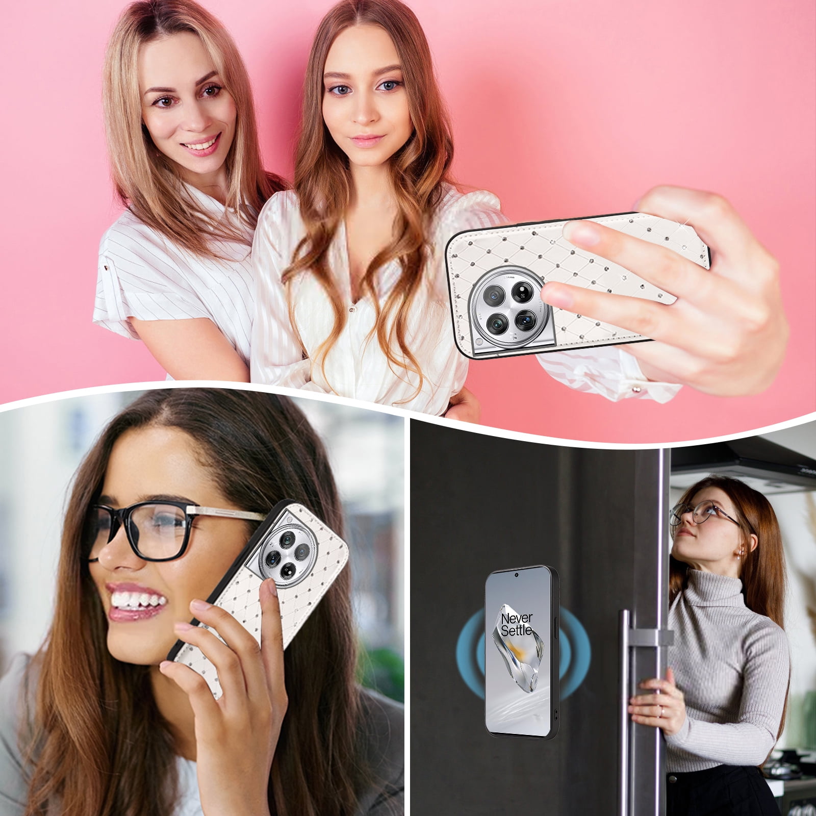 Asuwish Phone Case for OnePlus 12 5G Zipper Wallet Detachable Cell Cover with Tempered Glass Screen Protector Crossbody Lanyard Strap Bling Glitter Flip Card Holder Slot One+ 1plus12 2024 Women White