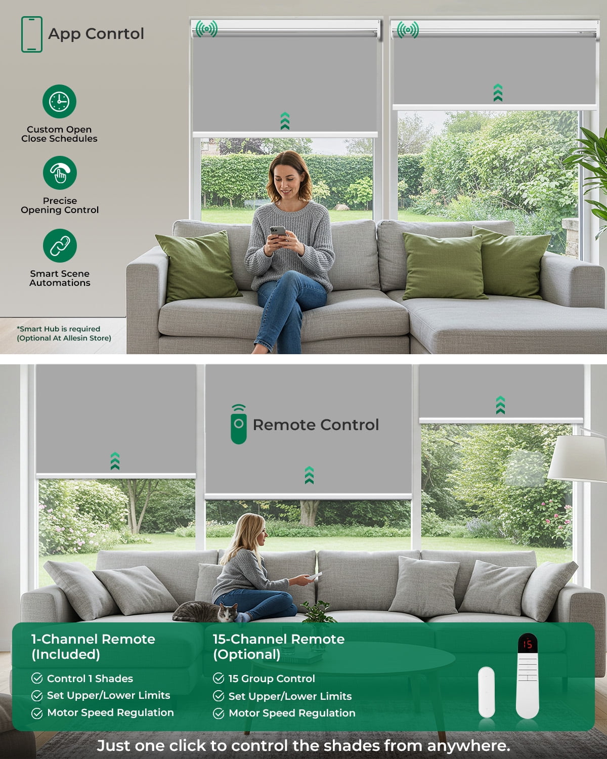Allesin Motorized Roller Blinds with Remote Control for Windows, Blackout Automatic Smart Shades, Dry Battery Powered Electric Blind (Gray 31"W x 72"H)