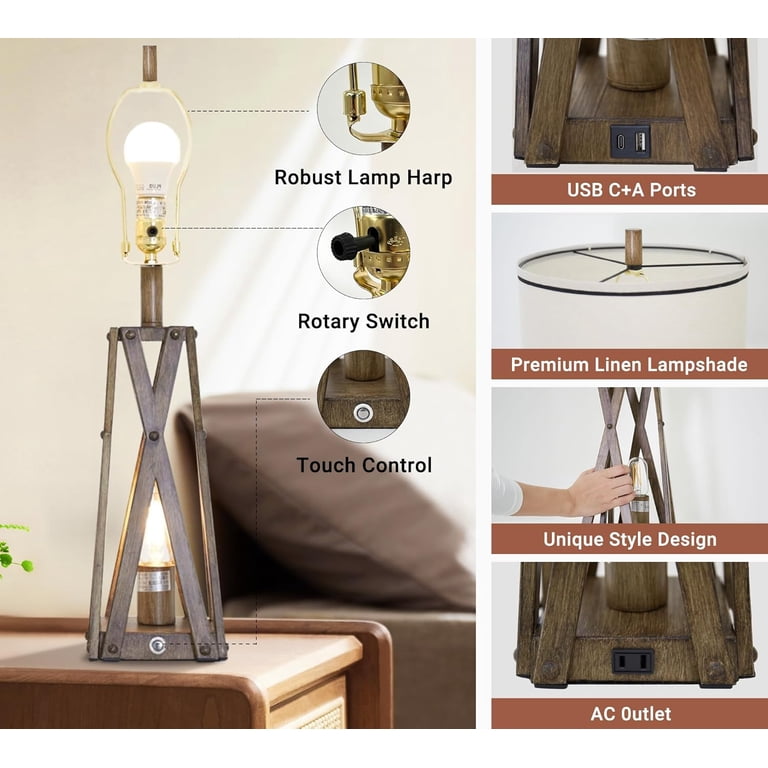 27" Vintage Blue Table Lamps Set Of 2 – 3-Way Dimmable Touch, USB-C + USB-A + AC Outlet, Farmhouse Nightstand Lamps With Oatmeal Linen Shade