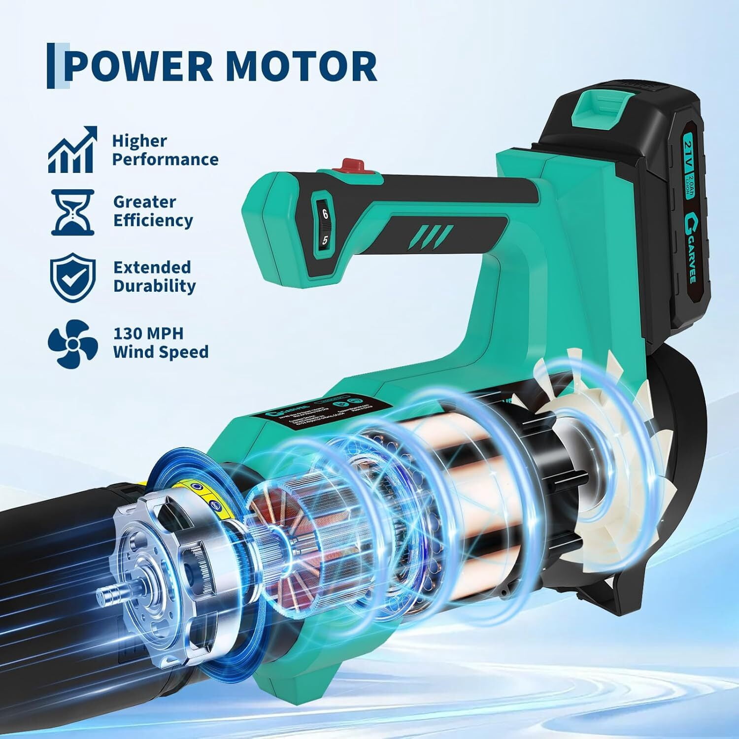 Garvee Battery Power Leaf Blower 550 CFM/130 MPH, 20V Portable Hand Blower with 6-Variable Speed for Lawn, Driveway, Sidewalk, Blue & Black