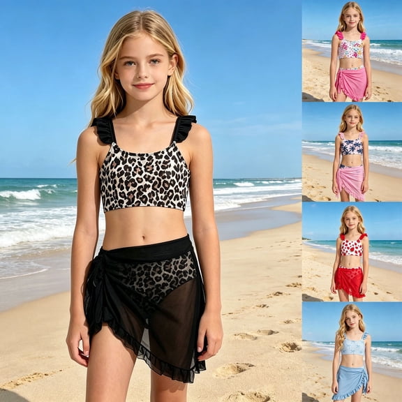 ibiyuan Girls Period Swimwear 2 Piece Adjustable Straps Girls Bathing Suits Size 7-8 Sparkly Color Block Tankini Set Ruffle Ruched Rash Guard Bikini Set Modest Swimwear
