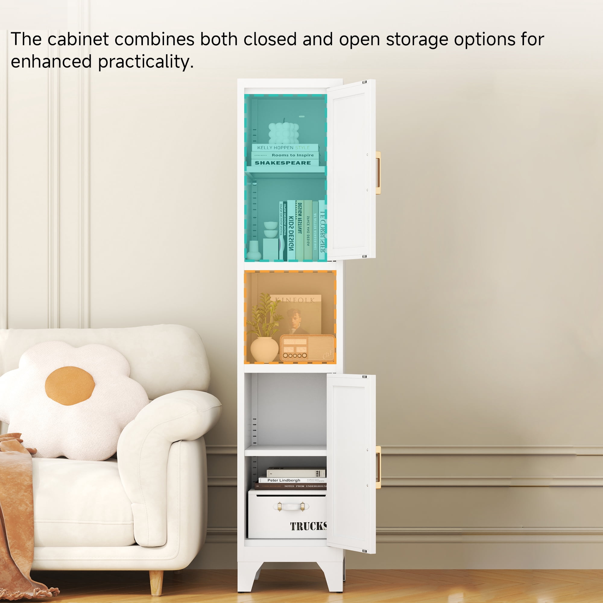 Modern Tall Slim Metal Cabinet with Adjustable Shelves & Doors, Open & Closed Storage, Adjustable Feet for Kitchen, Bathroom, Living Room, Apartment - Sturdy & Easy Assembly，White