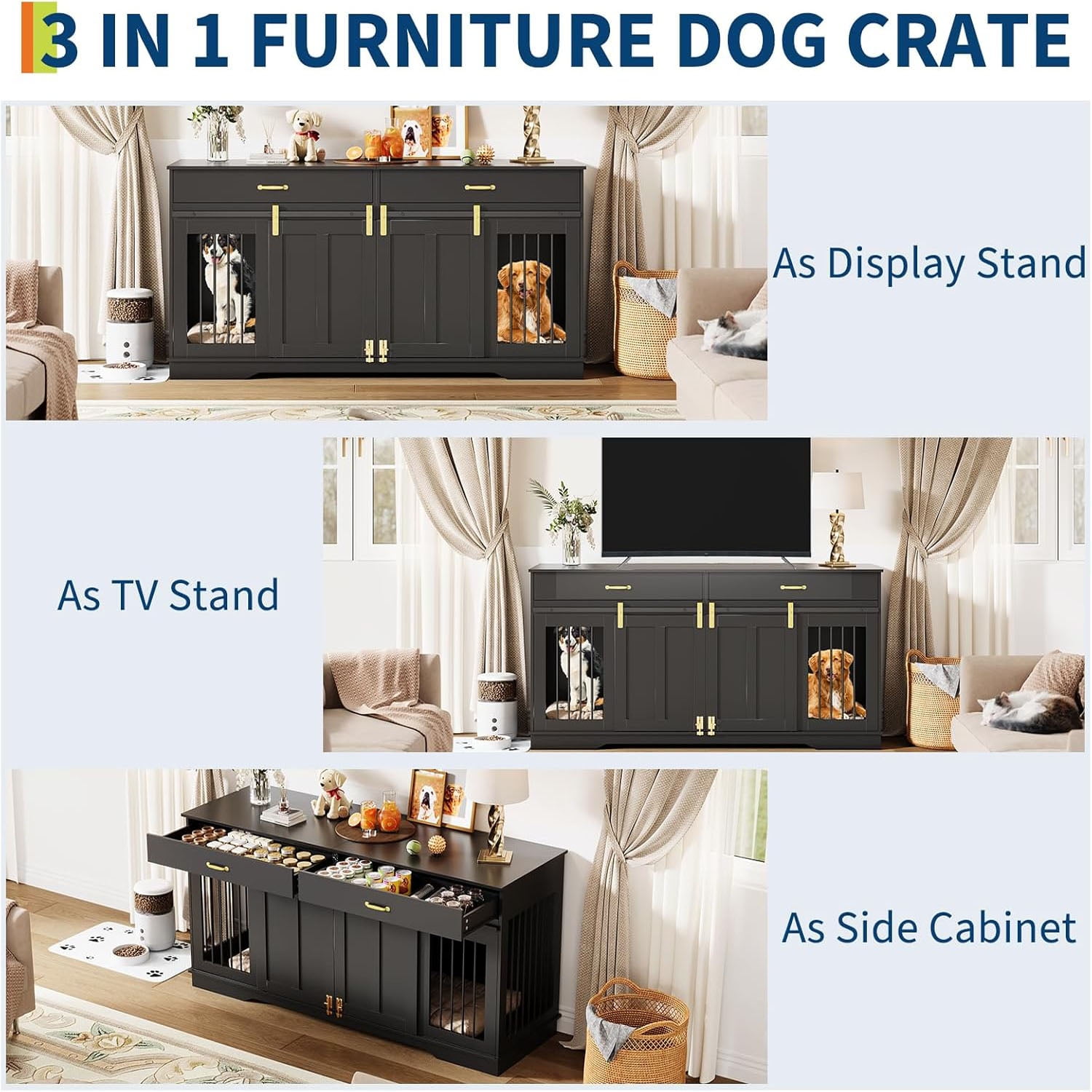 Ataucjin 71" Dog Crate TV Stand for 2 Large Dogs, Extra Large Double Dog Kennel Furniture with 2 Drawers and 2 Lockable Sliding Doors, Wooden Furniture Dogs Crate for Indoor Home Living Room