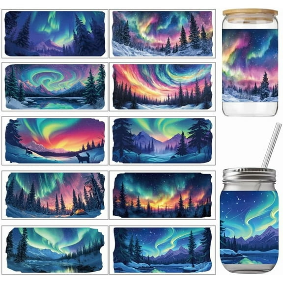 PVC DIY Heat Transfer Paper for UV Sublimation Cup Aurora Borealis 110x240mm 10 style 1pc/style 10pcs/set