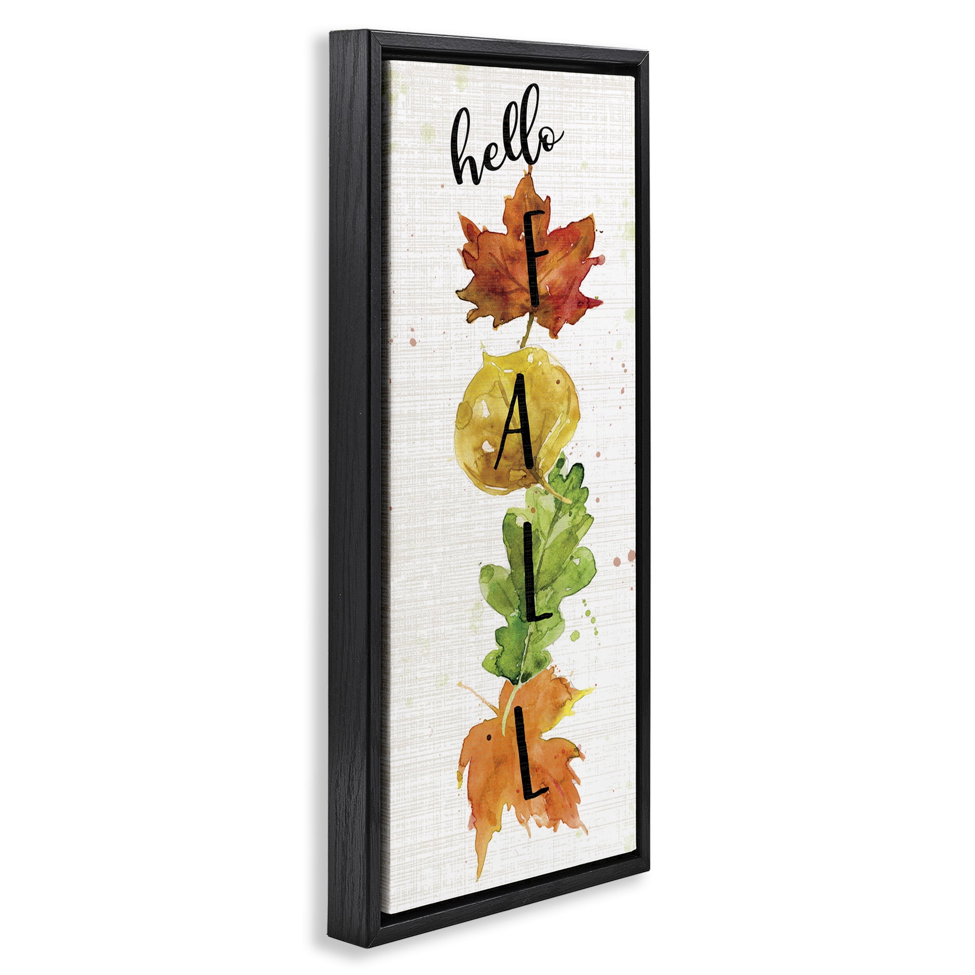 Stupell Industries Hello Fall Autumn Greeting Botanical & Floral Painting Black Floater Framed Canvas Art Print Wall Art, 15 x 31