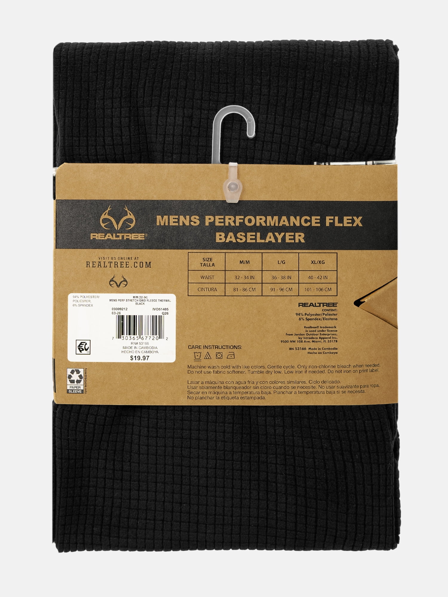 Realtree Men's Waffle Grid Fleece Base Layer Thermal Bottom, Black, XL