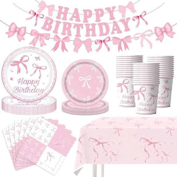 99PCS Pink Bow Birthday Decorations Supplies,Bow Themed Party Decorations Include Bow Plates Napkins Cups Banner Tablecloth Tableware for Girl Women Pink Birthday Bachelorette Decoration,Serve 24