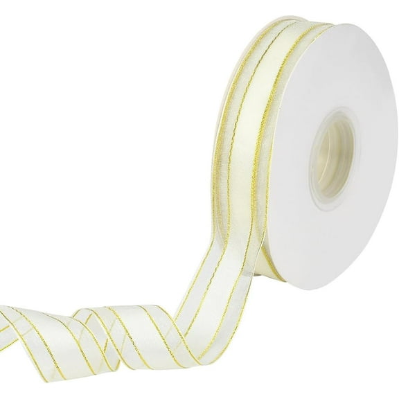 50 Yards 1 Inch Gold Edge Ribbon Metallic Organza Ribbon Christmas Sheer Transparent Chiffon Silk Wrapping Ribbons with Spool for Wrapping Gift Making Craft Dress Wreaths Decor Supply