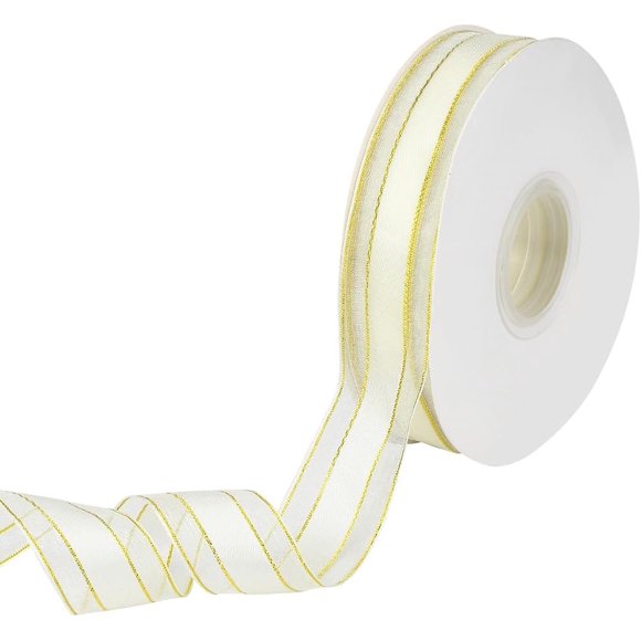 50 Yards 1 Inch Gold Edge Ribbon Metallic Organza Ribbon Christmas Sheer Transparent Chiffon Silk Wrapping Ribbons with Spool for Wrapping Gift Making Craft Dress Wreaths Decor Supply