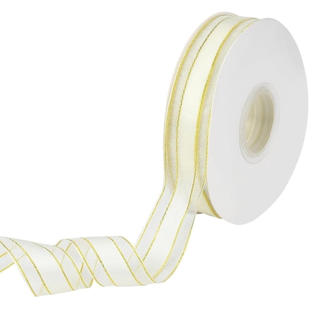Cinta de organza metálica con borde dorado de 50 yardas y 1 pulgada, transparente, de gasa y seda, para envolver regalos navideños con carrete.