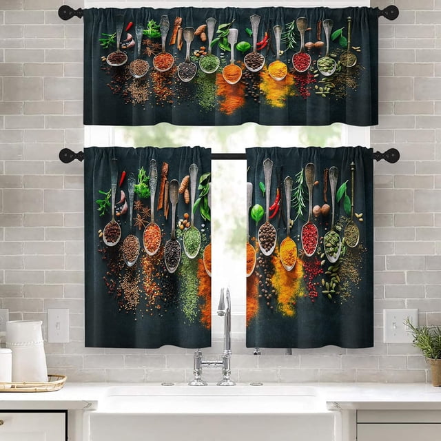 Kitchen Curtains Spices and Herbs Window Curtains and Valances Set 36 Inch, Artistic Cooking Short Tier Curtain for Kitchen, Colorful Small Kitchen Decor