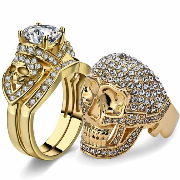 Skull Matching Rings Yellow Gold Plated Couple Rings 1CT CZ Wedding Ring Sets for Him and Her