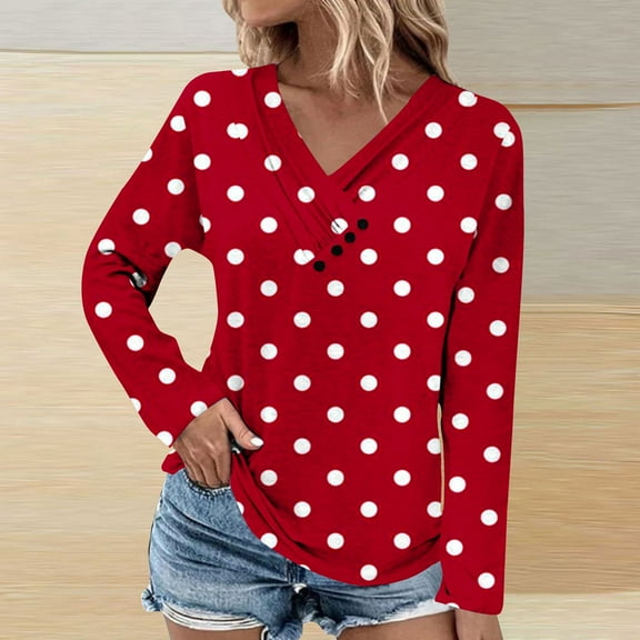 Royisotas Casual Womens Plus Tops Long Sleeve Fall and Winter Red Polka Dot Plus Size Blouses for Women Loose Fit Button up V-Neck Pleated T Shirts