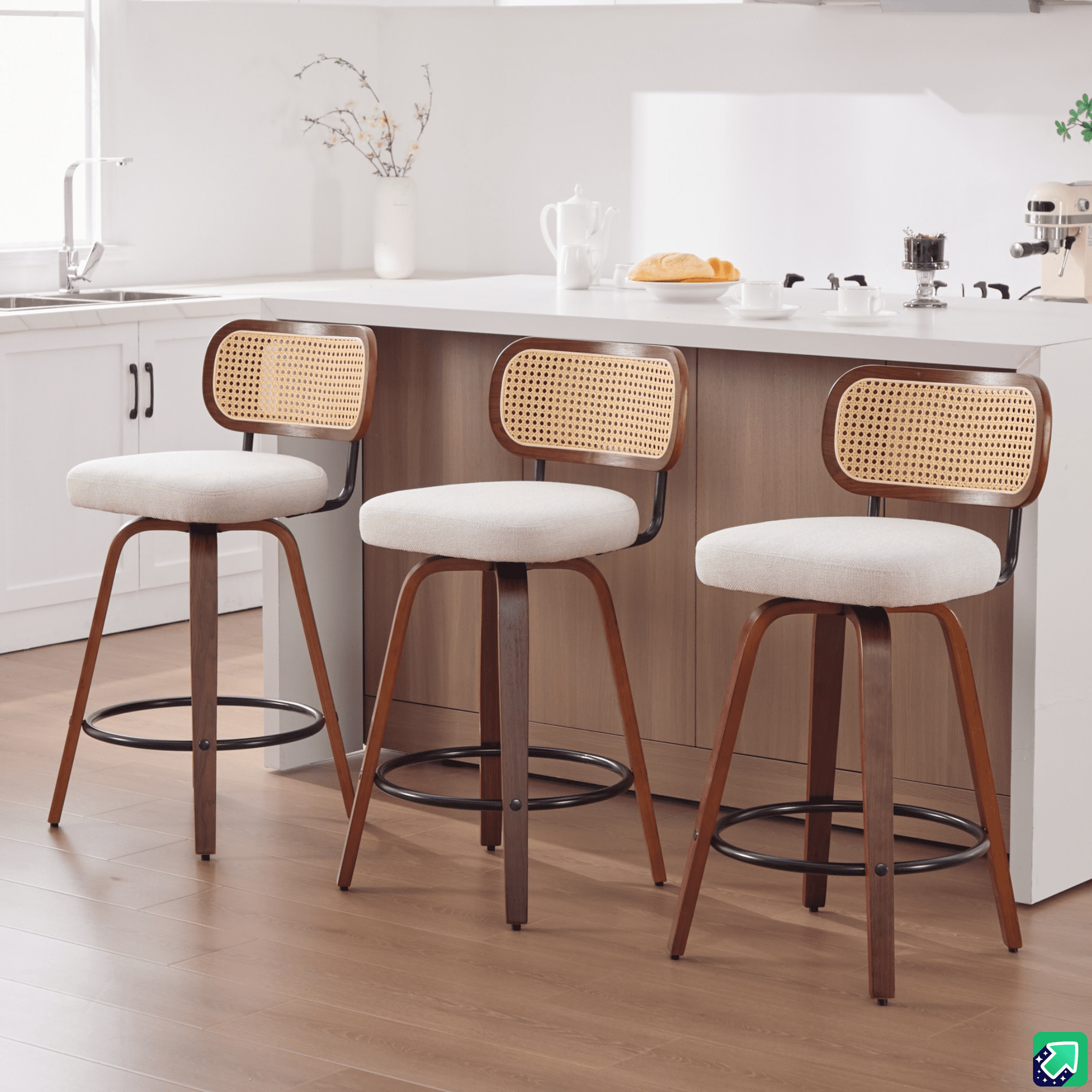LEGAHOME Bar Stools Set of 3, 26” Swivel Counter Height Bar Stools with Cane Rattan Back and Linen Seat, Mid-Century Modern Bar Stools for Kitchen Island, Bar, Dining Room, Walnut + Beige