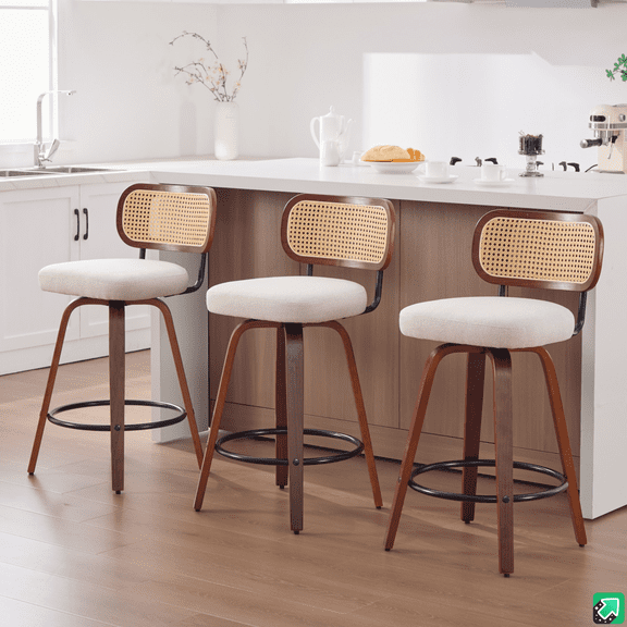 LEGAHOME Bar Stools set of 3, 26” Swivel Counter Height Bar Stools with Cane Rattan Back and Linen Seat, Mid-Century Modern Bar Stools for Kitchen Island, Bar, Dining Room, Walnut Beige