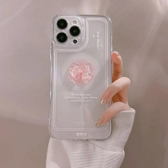 Japan Korean 3D Laser Crystal Bow Clear Acrylic Hard Phone Case For IPhone 12 7 8 Plus 11 14 15 Pro Max XS Max Protective Cover ZR