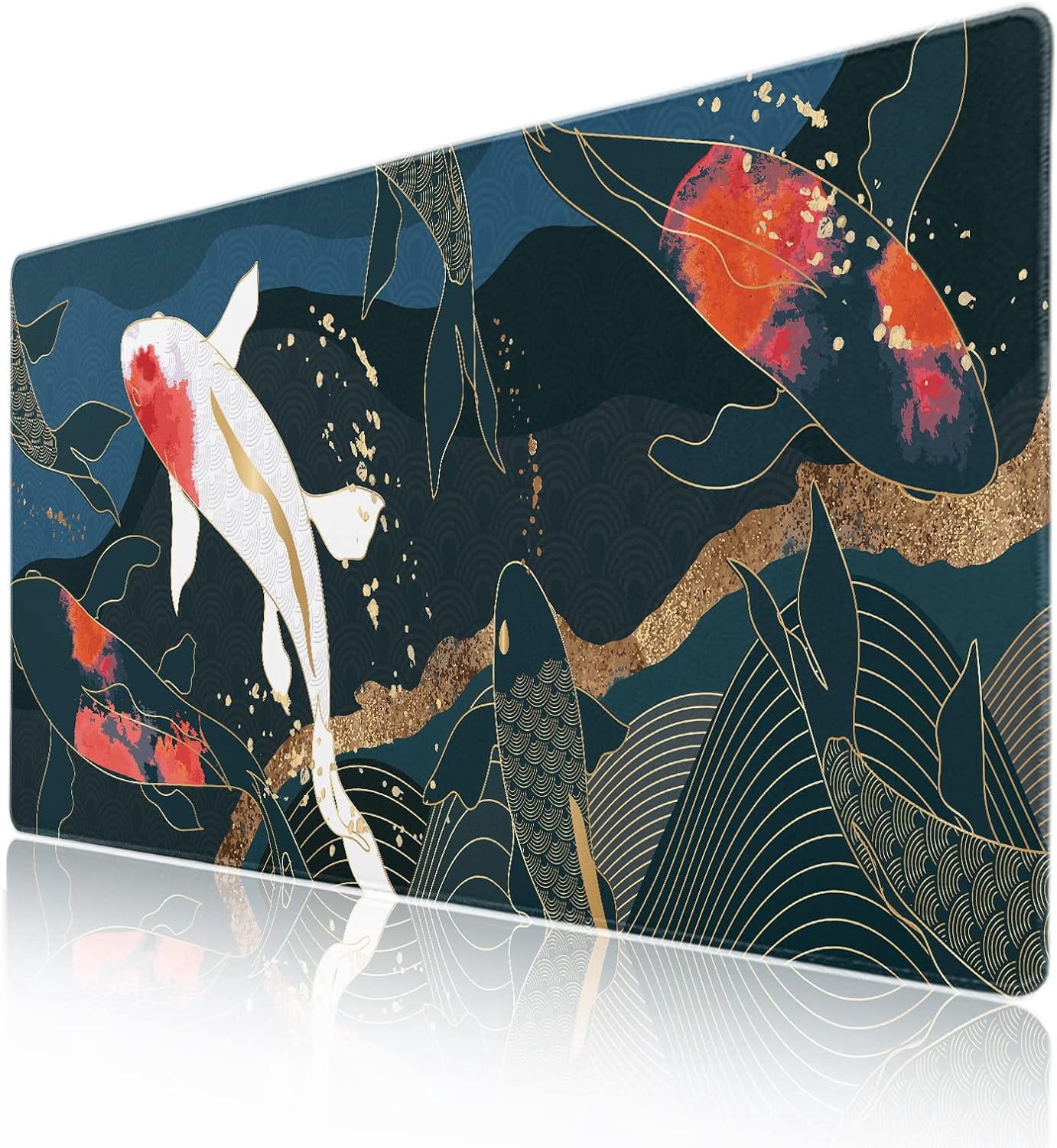 Japanese Anime Gaming Mouse Pad XXL Red White Koi Fish Art Blue Gold Texture Extended Big Large Desk Mat Non-Slip Rubber Base Stitched Edge Long Keyboard Mousepad for PC Computer Laptop,35.4×15.7 in