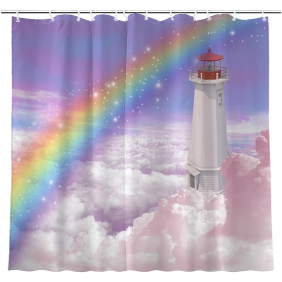 Rainbow Wonderland Shower Curtain for Bathroom, Pink Clouds Lighthouse Shower Curtain Set Bath Accessories Waterproof Fabric Bathtub Curtain Decor with 12 Hooks, 72x72 inches
