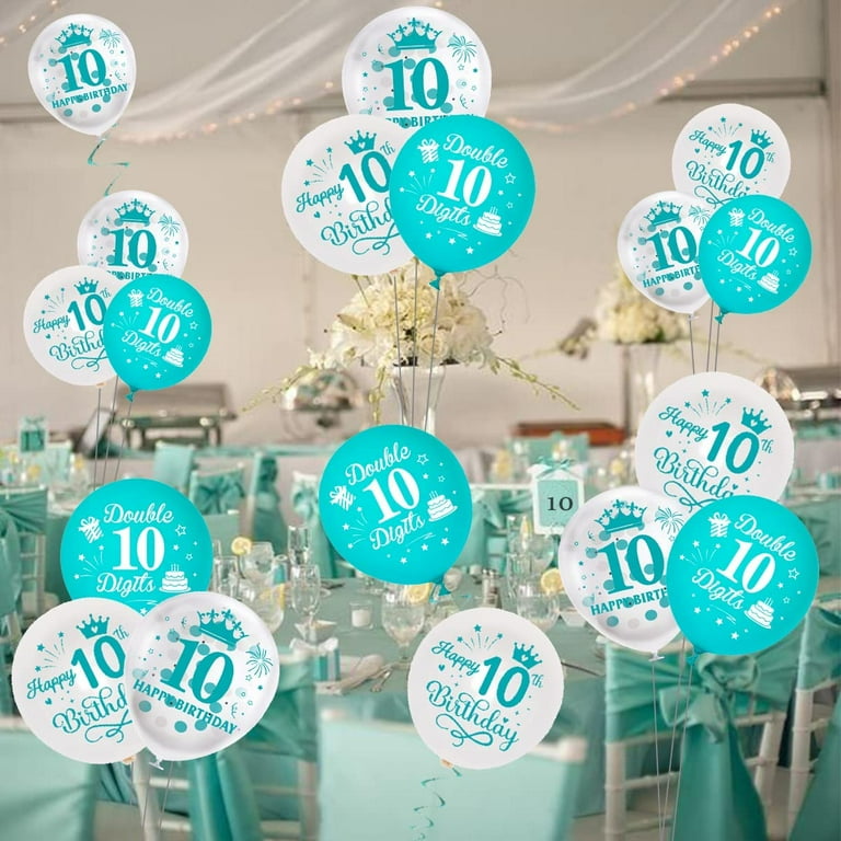 10th Birthday Balloons, Pack of 45 Turquoise Double Digits Birthday  Decorations - Teal Blue White Latex Balloon Set for 10 Year Old Girls 