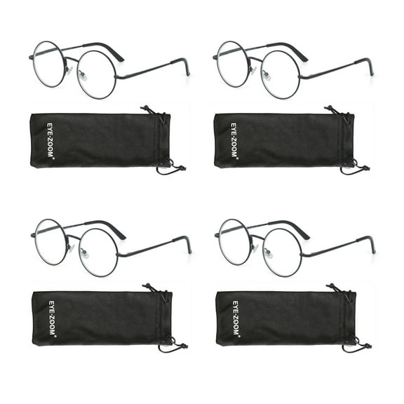 EYE ZOOM 4 Pack Metal Frame Round Reading Glasses with Spring Hinge (Black, 1.25 Strength)