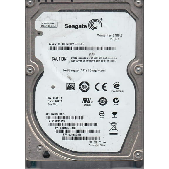 ST9160314AS, 5VC, WU, PN 9HH13C-188, FW 0001SDM1, Seagate 160GB SATA 2.5 Hard Drive