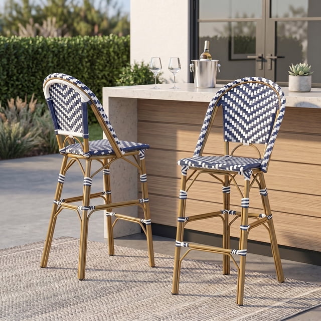 Navy Blue & White Rattan Barstool Set - 2 Barstools, Outdoor Patio Furniture