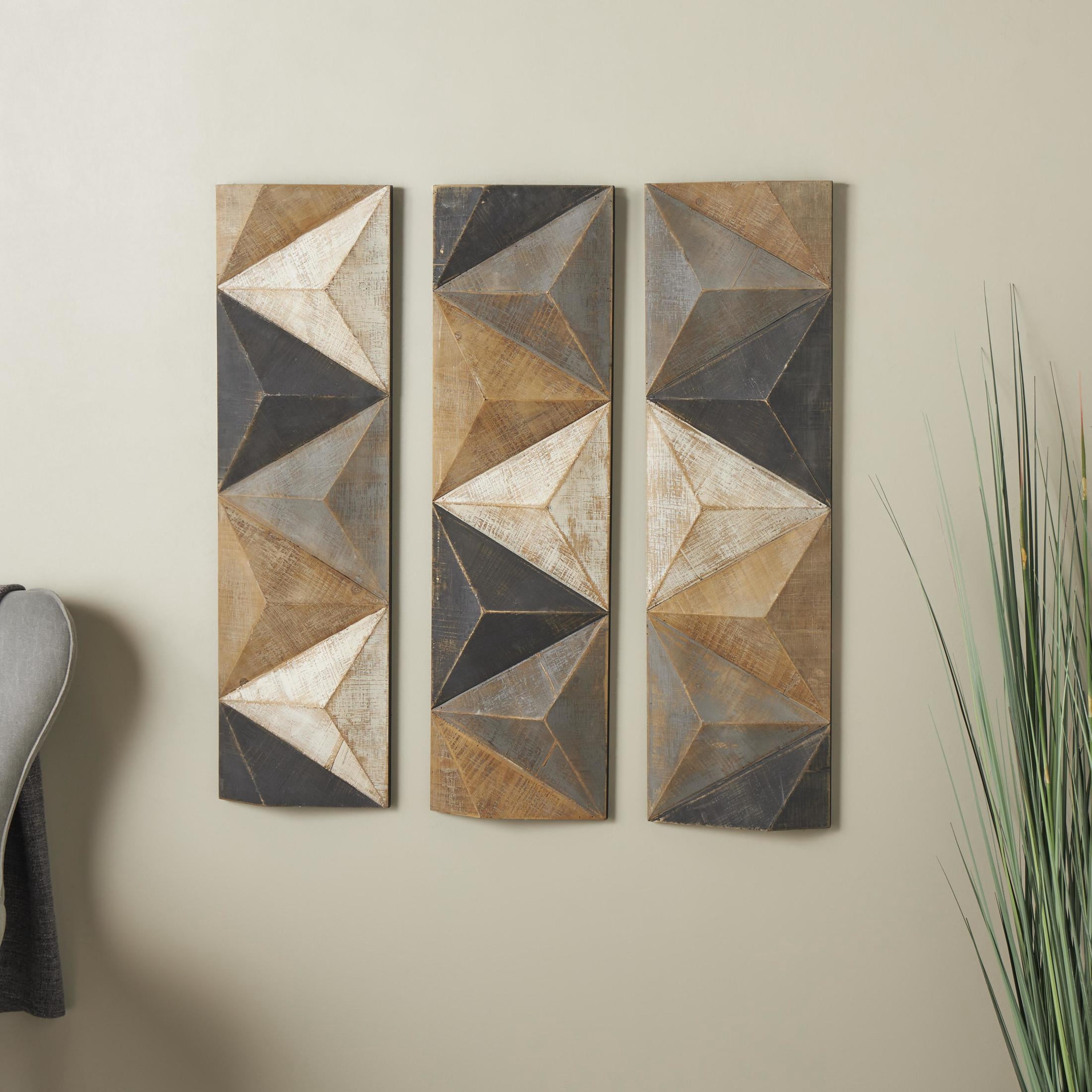 DecMode Farmhouse Carved Wood Triangle Tiles Pattern Wall Décor with Brown/Gray Finish, 11"W x 36"H